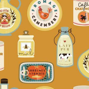 May include: A repeating pattern of illustrated food items on a mustard yellow background. The illustrations include a jar of honey labeled "miel", a bottle of milk labeled "LAIT PUR", and a can of sardines labeled "SARDINES la TOMATE".
