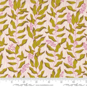 May include: A white fabric with a repeating pattern of green leaves and pink flowers. The fabric is designed by Moda Fabrics and features a subtle wavy background.