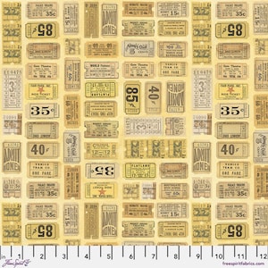 Peut inclure: Un tissu jaune avec un motif répété de billets de style vintage. Les billets sont dans différentes nuances de brun et de jaune et présentent des textes tels que "Palace Theatre", "Venice Tram Co", "Fair Park Inc" et "Playland".
