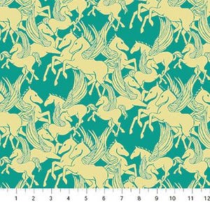 May include: A repeating pattern of gold-colored pegasus figures on a teal background. The winged horses are depicted in various poses, creating a dynamic and whimsical design. The pattern is measured in inches.
