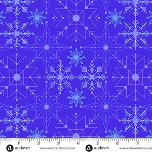 May include: A seamless pattern featuring a repeating design of stylized snowflakes in shades of blue and light blue against a vibrant blue background. The snowflakes have geometric shapes and delicate lines, creating a winter or holiday theme.