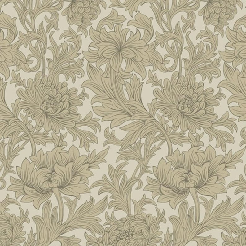 May include: A seamless pattern featuring a repeating design of stylized beige flowers and leaves on a white background.