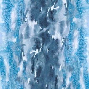 May include: Abstract watercolour painting with a vertical stripe of dark blue in the centre. The background is a gradient of light blue, green, and white.