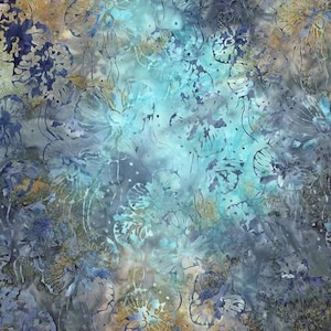 May include: Abstract fabric with a floral pattern in shades of blue, teal, and gold. The design features overlapping flower shapes with delicate lines and a watercolor effect, creating a soft, textured appearance. The background has a gradient effect.