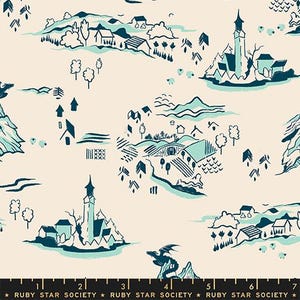 Könnte beinhalten: Cremefarbener Stoff mit einem sich wiederholenden Muster aus teal- und marineblauen Illustrationen. Das Design zeigt stilisierte Landschaften mit Häusern, Bäumen, Bergen und einem Drachen. Am unteren Rand steht der Text "RUBY STAR SOCIETY".