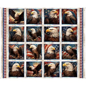 May include: A patriotic quilt with sixteen squares, each displaying a detailed illustration of a bald eagle. The eagles are set against a backdrop of the American flag and a starry blue sky. The quilt's border has red, white, and blue stripes.