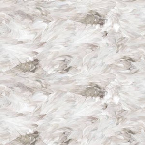 May include: A seamless pattern featuring a soft, abstract design of white and gray feather-like shapes. The pattern has a watercolor effect, with subtle variations in tone and texture, creating a delicate and airy aesthetic.