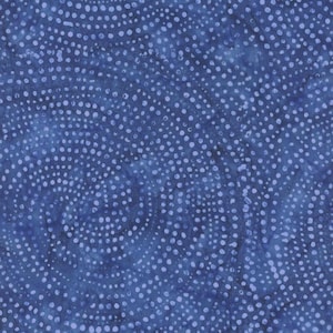 May include: Close-up of blue fabric with a pattern of white dots. The dots are arranged in a swirling pattern, creating a sense of movement. The fabric has a mottled appearance, with variations in the blue colour. Suitable for quilting and craft projects.