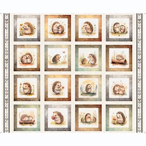 May include: A fabric panel featuring sixteen square illustrations of hedgehogs in various poses. The watercolor-style images depict hedgehogs with flowers, hugging, and interacting with each other. The panel has a border with heart-shaped designs.