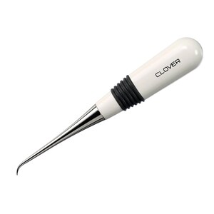May include: A Clover brand point turner tool featuring a smooth white handle with the word CLOVER printed in black, a black ribbed grip section, and a long, slender, tapered metal tip that curves slightly at the very end for precision work.