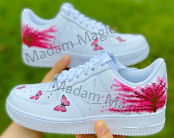 Hand Painted Custom Air Force 1 Low Pink Butterfly Cherry Blossom Tree AF1 Customized Made to Order Woman Man Sneakers Handmade