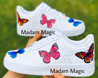 Hand Painted Custom Air Force 1 Low  Blue Pink Monarch Butterfly AF1 Customized Made to Order Woman Man Sneakers Handmade Shoes