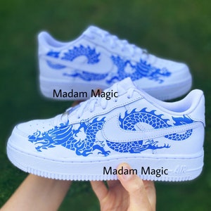 Hand Painted Custom Air Force 1 Low Blue Dragon AF1 Customized Made to Order Woman Man Sneakers Handmade Shoes