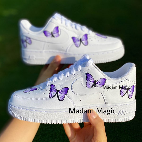 Peint à la main Custom Air Force 1 Low Purple Butterfly AF1 Personnalisé Fabriqué sur commande Femme Homme Sneakers Chaussures faites à la main