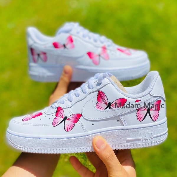 Hand Painted Custom Air Force 1 Low Pink Butterfly AF1 Customized Made to Order Woman Man Sneakers Handmade Shoes