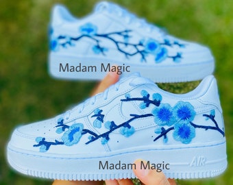 Embroidered Custom Air Force 1 Low Blue Blossom AF1 Customized Made to Order Woman Man Sneakers Handmade Shoes