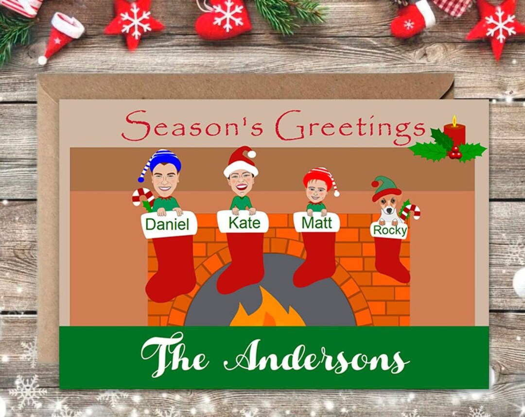 Personalized Portrait Christmas Card, Custom Cartoon Family Christmas