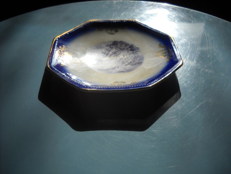 Antique flow blue La Francaise tree river hills,with gold edging