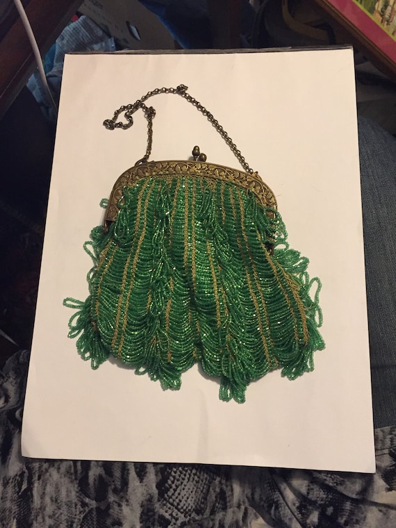 Antique Beaded Purse, Green Beads Victorian to Fla