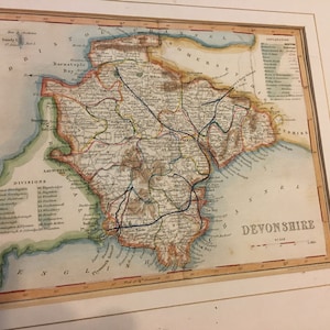 Antique Carte colorée à la main DEVONSHIRE c1840's ENGRAVING par J ARCHER