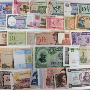 May include: A collection of colorful paper money from around the world. The bills feature various denominations, including 5, 10, 50, 100, and 500. Some of the bills feature portraits of historical figures, while others feature images of landmarks or animals.