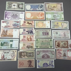 May include: A collection of 18 different banknotes from around the world. The banknotes feature various denominations, including 1, 5, 10, 50, 100, and 500. Some of the banknotes feature images of historical figures, animals, and buildings.