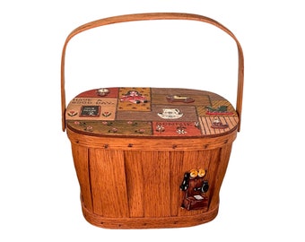 1980s Vintage Wood Folk Art Basket Bag: Decoupage Lunch Pail