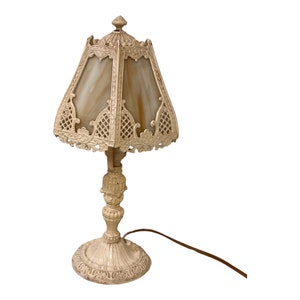 Antique Art Nouveau Salem Bros Slag Glass Enameled Metal Boudoir Table Lamp 1920s Cottage Vintage