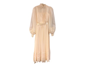 Wunderschönes 1980er-Jahre-Vintage-Hochzeitskleid im viktorianischen Edwardian-Stil in Elfenbein, Spitze, Tüll, Boho-Cottage-Damen-S