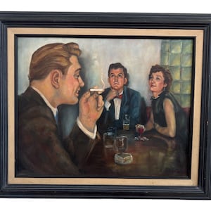 Cena de coquetel Pintura sobre tela Realismo americano Assinado Duarte Vintage