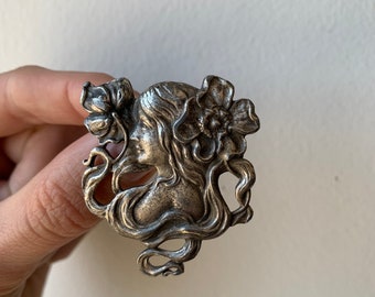 Vintage Sterling Angel Face Enamel Pin Art Nouveau