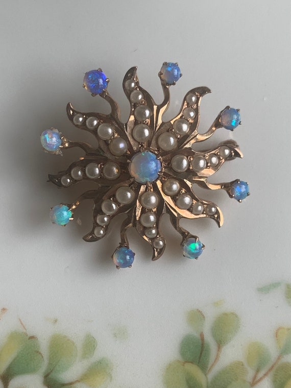 Antique 14K Opal and Seed Pearl Sunburst Brooch/Pe