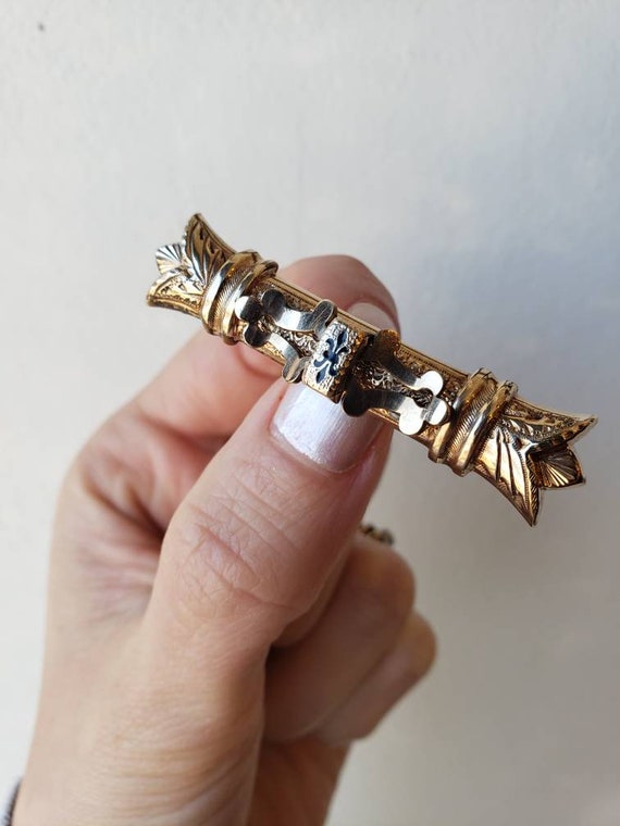 Intricate Antique Rolled Gold and Enamel Bar Pin … - image 2