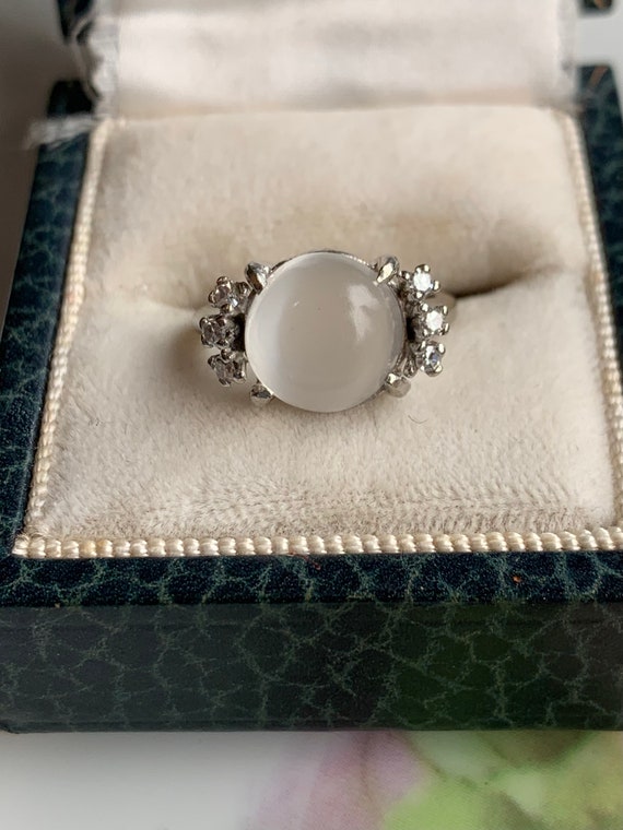 14K Glowing Moonstone Cabochon and Diamond Ring