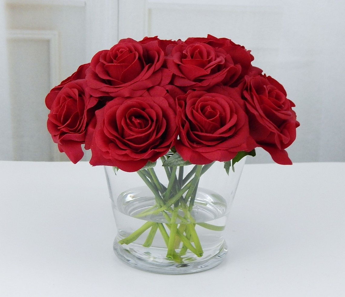 12 red rose/roses glass vase faux water Etsy
