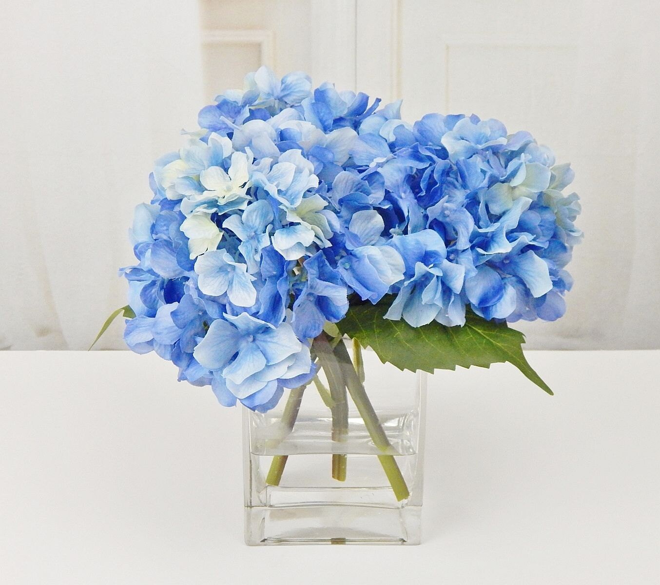 Blue, silk, hydrangea, faux/acrylic/illusion, water, Real Touch flowers