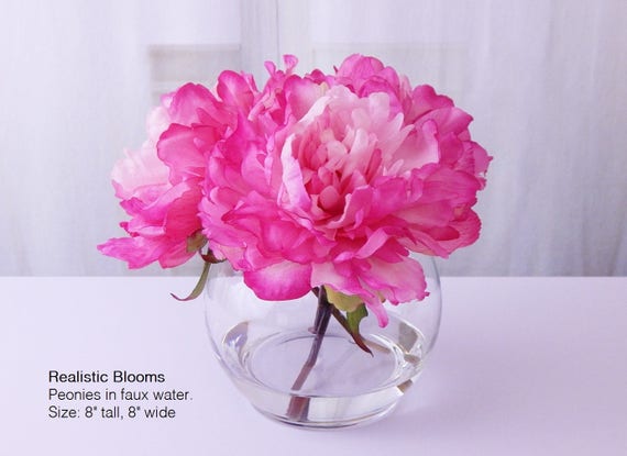 Pink Hot Pink Silk Peony Peonies Glass Vase Faux Water Etsy
