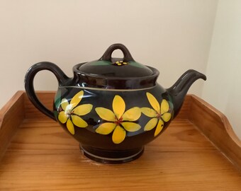 Vintage Royal Canadian Art Pottery Teapot: Hand-Painted Floral, Brown Glaze, 1960s