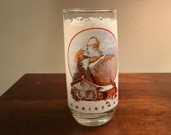 Vintage Christmas Drinking Glass White Frost Santa Scene With Winter Cabin 6” H 2.5” D 12oz
