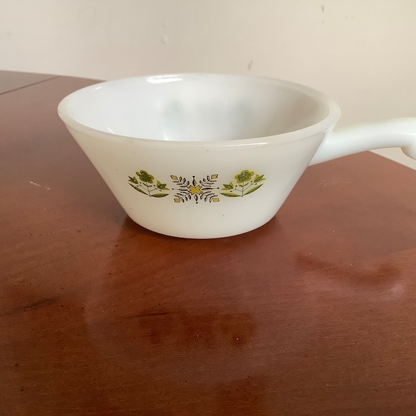 Anchor Hocking Fire King Green Meadows French Casserole Soup Bowl With Handle 9oz 1970s