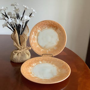 Fire King OvenWare Peach Luster Laurel Leaf Set of Two 9” Dinner Plates 1950s