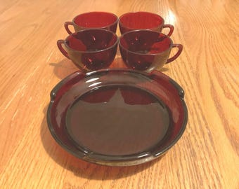 Vintage Anchor Hocking Royal Ruby Red Coffee Mug Set with Bowl