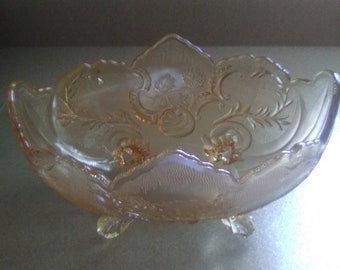 Jeanette Glass Embossed Iridescent Marigold Footed Oval Fruit Bowl Fluted Curved Feet