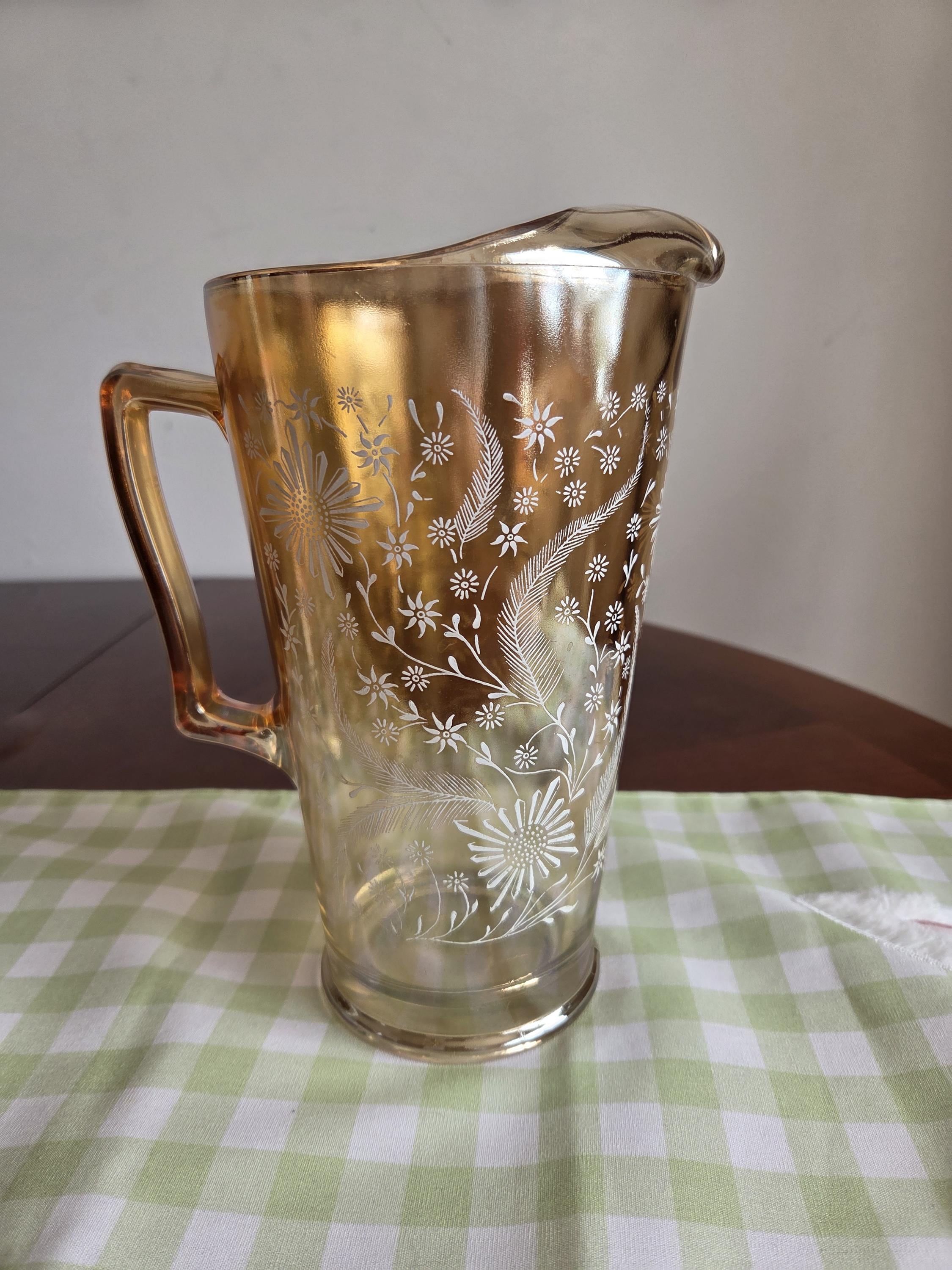 Jeannette Marigold Iridescent Carnival Glass Cosmos Pitcher With