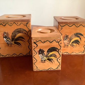 Woodpecker Woodware Japan Wooden Dovetail 3 Piece Nesting Canister Set 1960s Hand Painted