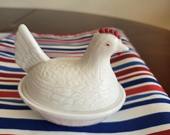 Small Indiana Milk Glass Hen On Nest With Red Comb 1950s