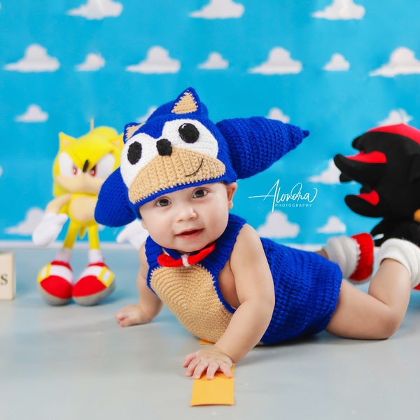 Ensemble Sonic, costume d'animal, chapeau Sonic, salopette au crochet, accessoires de photo de costume