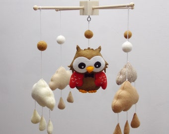 Owl Nursery Mobile,Clouds mobile,Rain clouds mobile,Baby shower gift, Felt mobile,Owl and clouds nursery décor,  Owl mobile-made to order