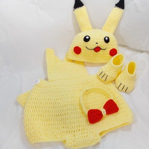Pikachu set,Pikachu costume,Pikachu hat,overalls crochet,crocheted booties,baby boys'clothing,cosume photo props