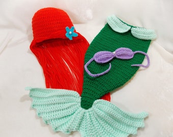 Princess Ariel Inspired Mermaid Costume/Princess Ariel Mermaid Tail/Ariel Wig Hat/Princess Photo Prop Newborn to 12 Months- MADE TO ORDER